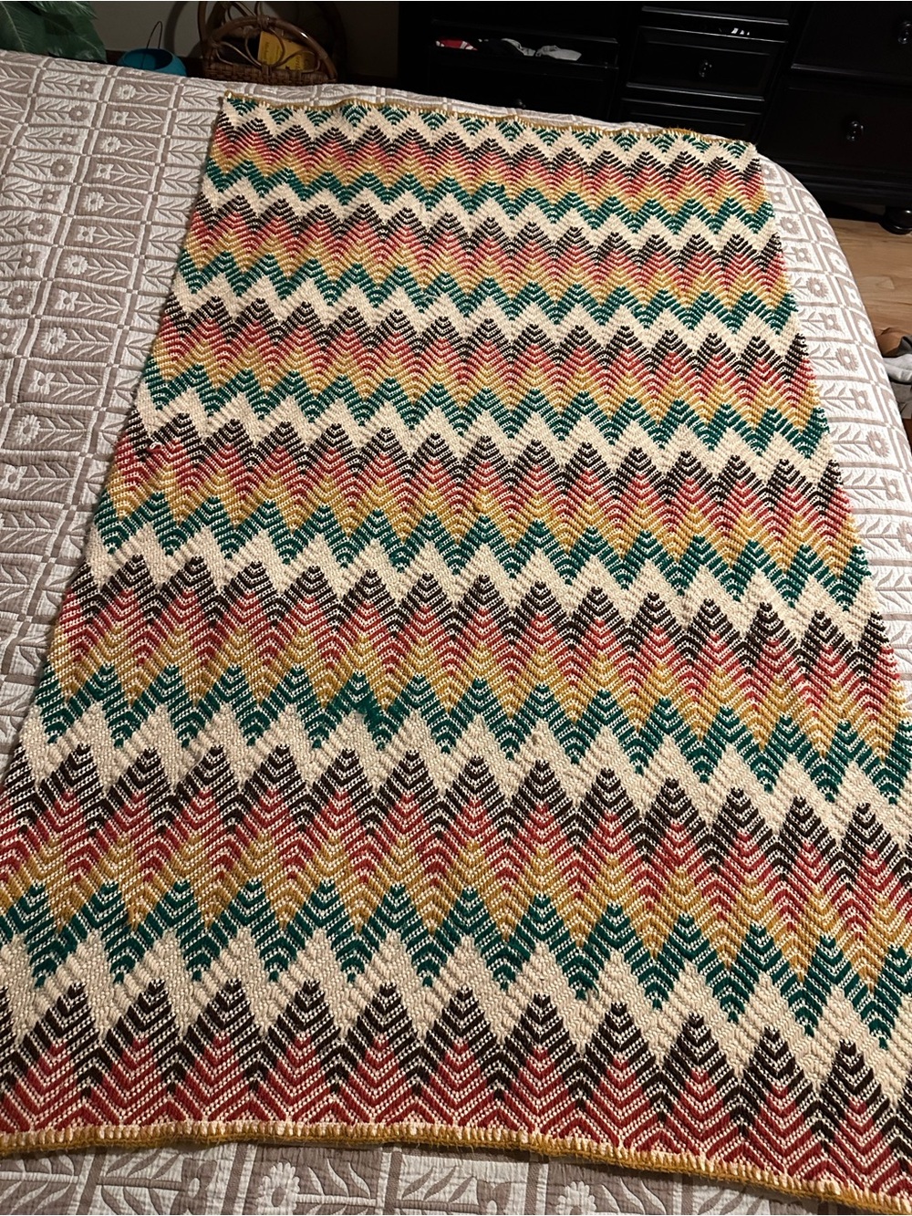 Multicolored vintage 70’s boho throw blanket with chevron stripes